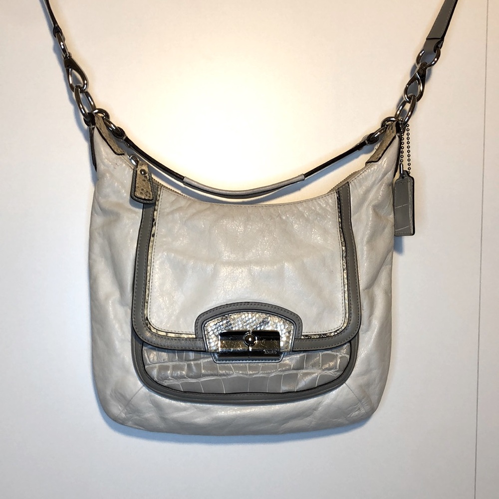Coach Kristen Leather Crossbody Embossed Snakeskin Trim. 2 handles, longest 40”